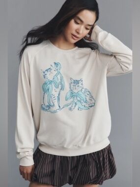 RARE! 🐱 Kitty! Anthropologie Maeve Animal Friends Printed Cat Ivory Sweatshirt